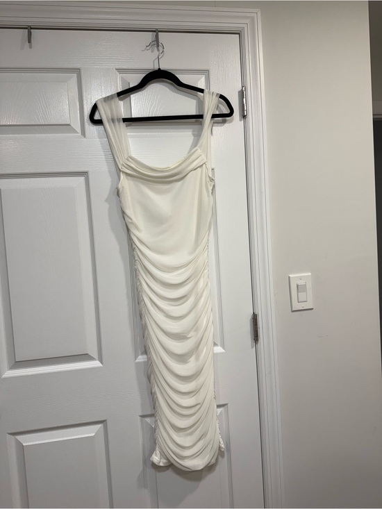 Rosedress Dresses & Skirts - Elegant Ivory Ruched Midi Dress with Sheer Straps (off the shoulder)